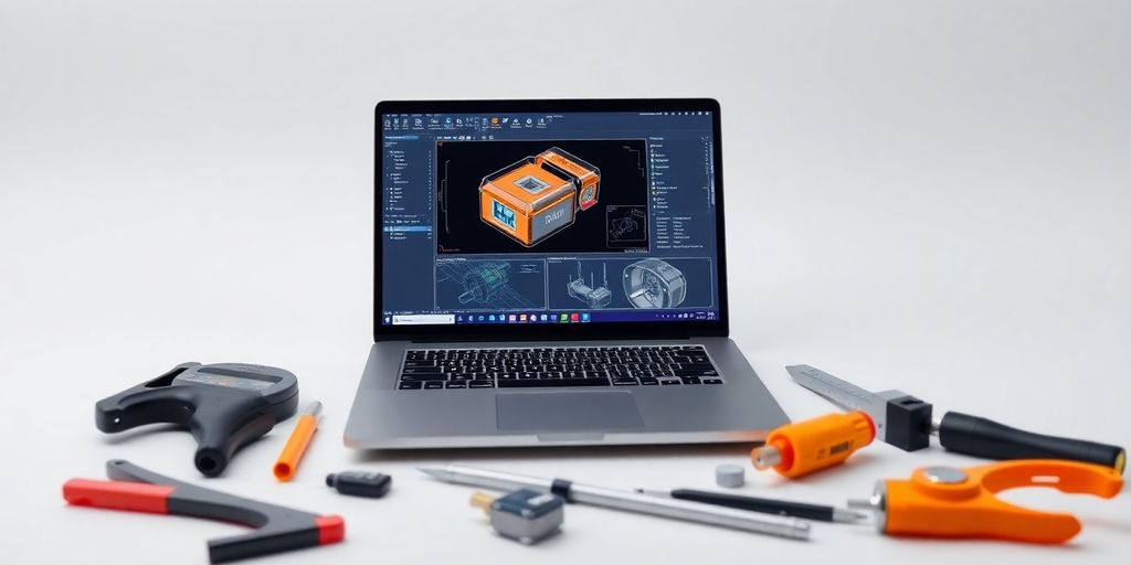 لاب توب هندسي حديث مع أدوات هندسية حوله