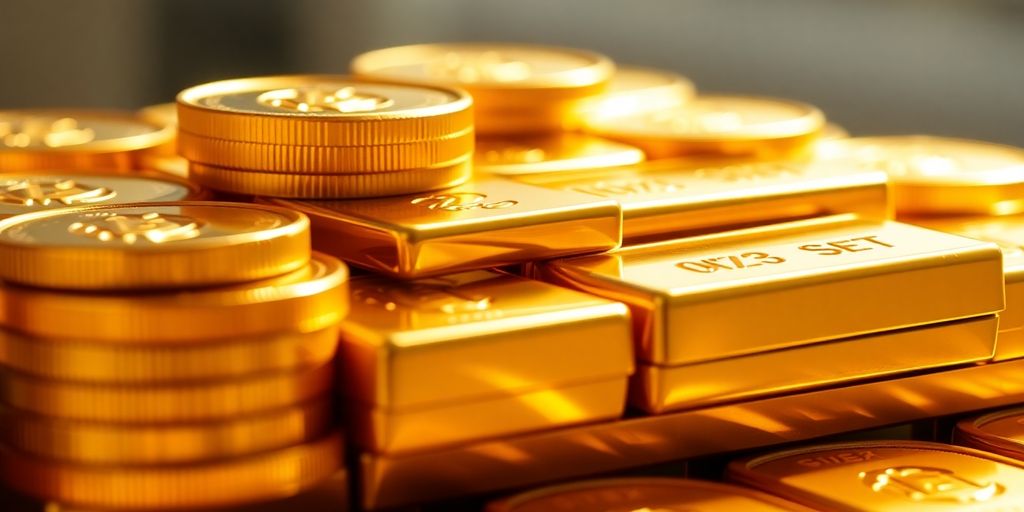 Pièces d'or et lingots empilés avec éclat.