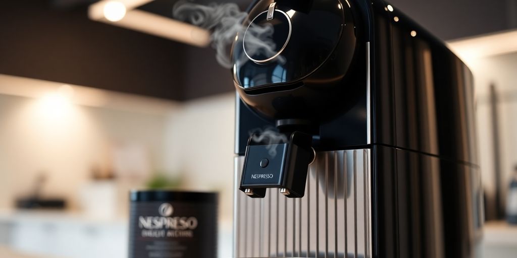 Sleek Nespresso machine, professional setting.