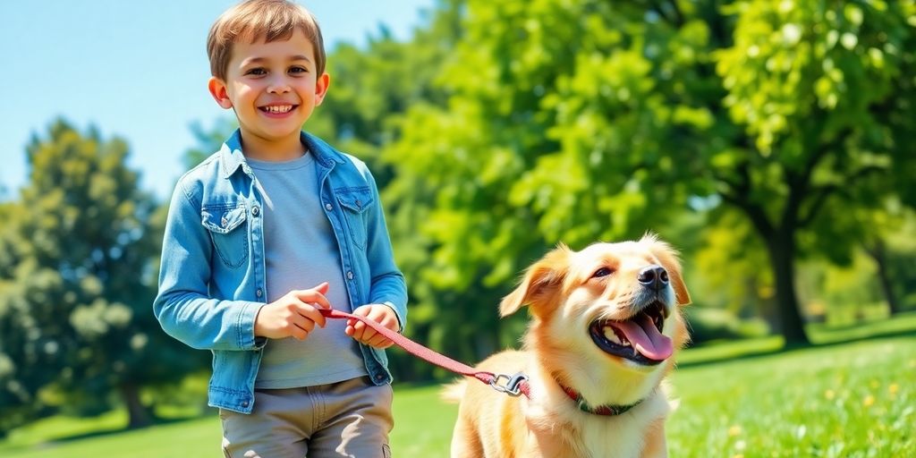 Child walking a dog in a sunny park.