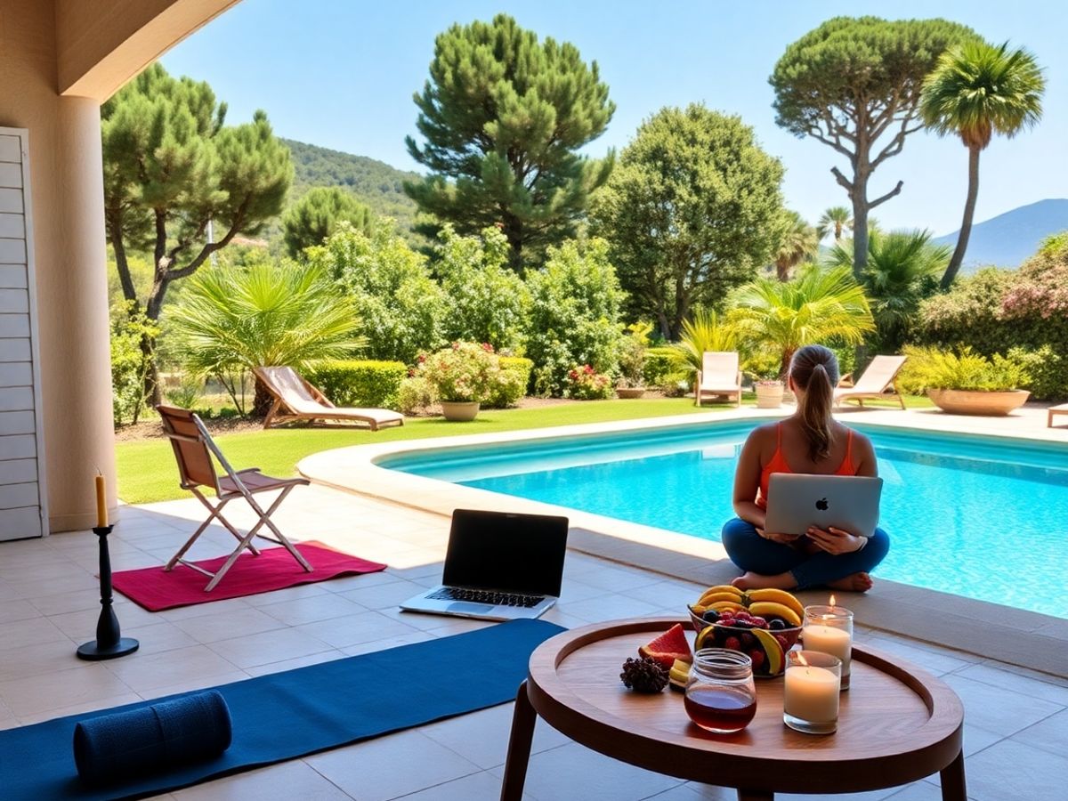 Lavoratore a distanza sulla terrazza della villa con tappetino da yoga e tè