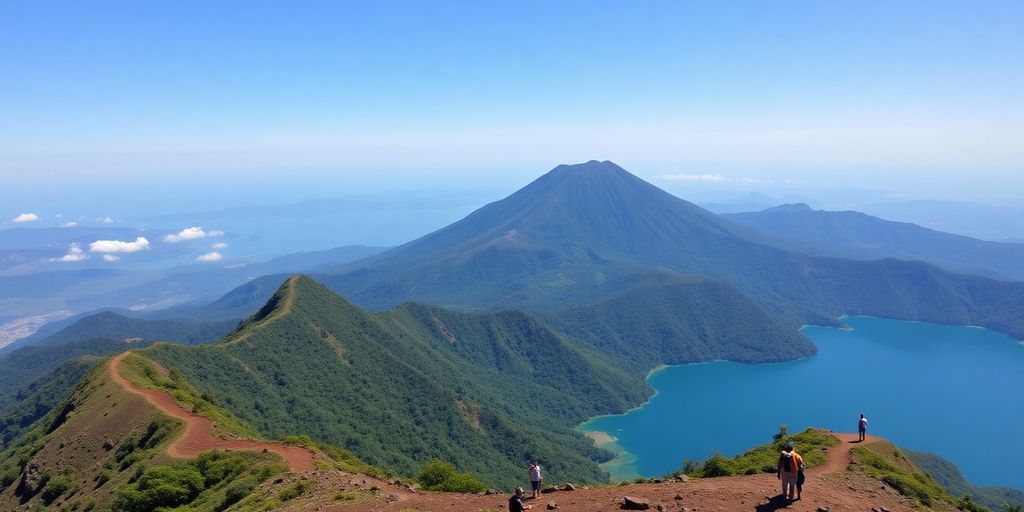 Mount Rinjani with trekkers amidst lush green scenery.