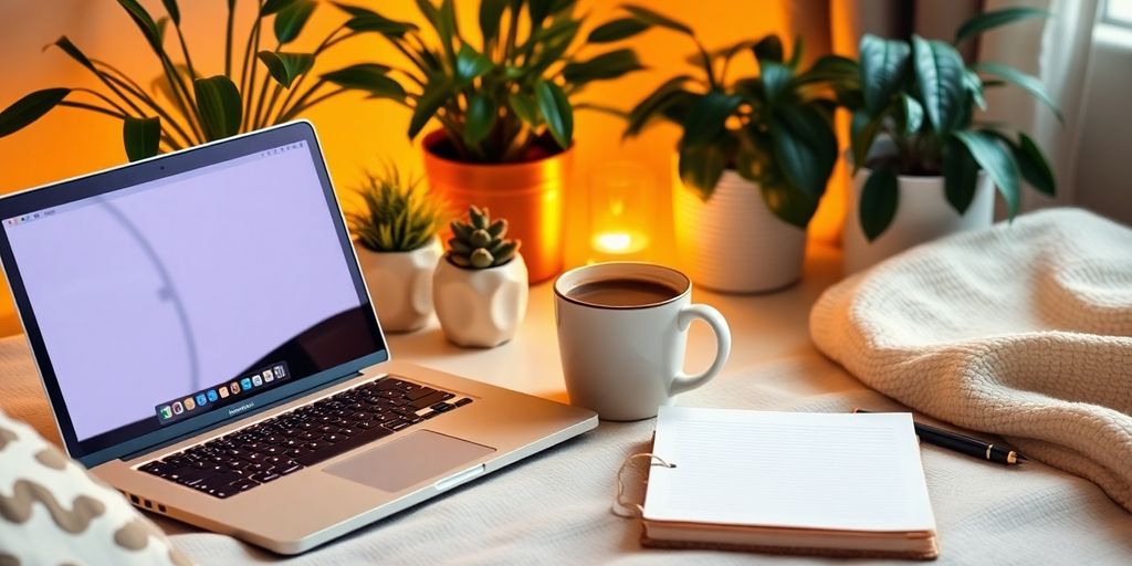 Cozy home workspace with laptop and coffee cup.