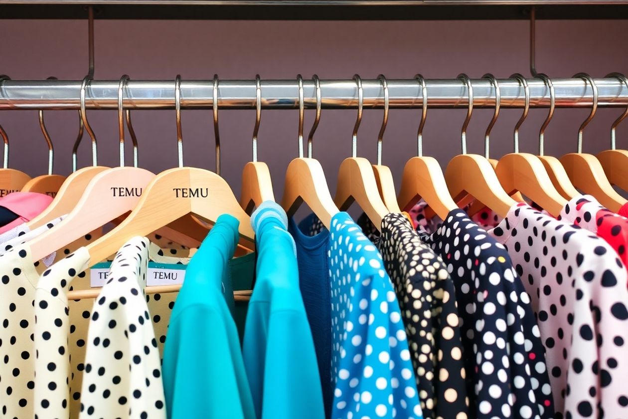Stylish TEMU clothes on hangers in bright colors.