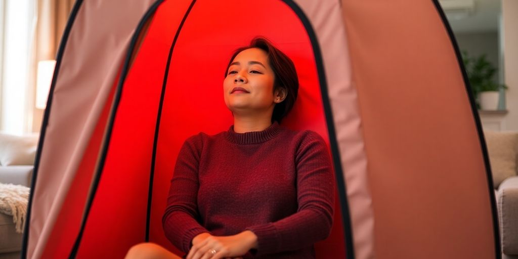 Person relaxing inside portable infrared sauna.