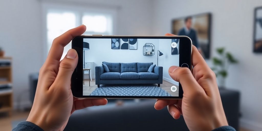 Person using AR app to view furniture in room.