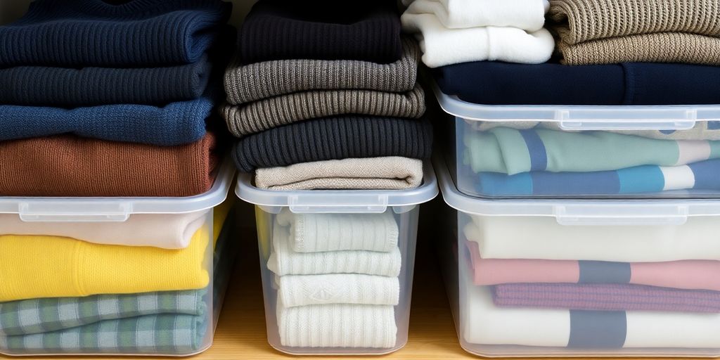 Neatly folded seasonal clothes packed in clear bins.