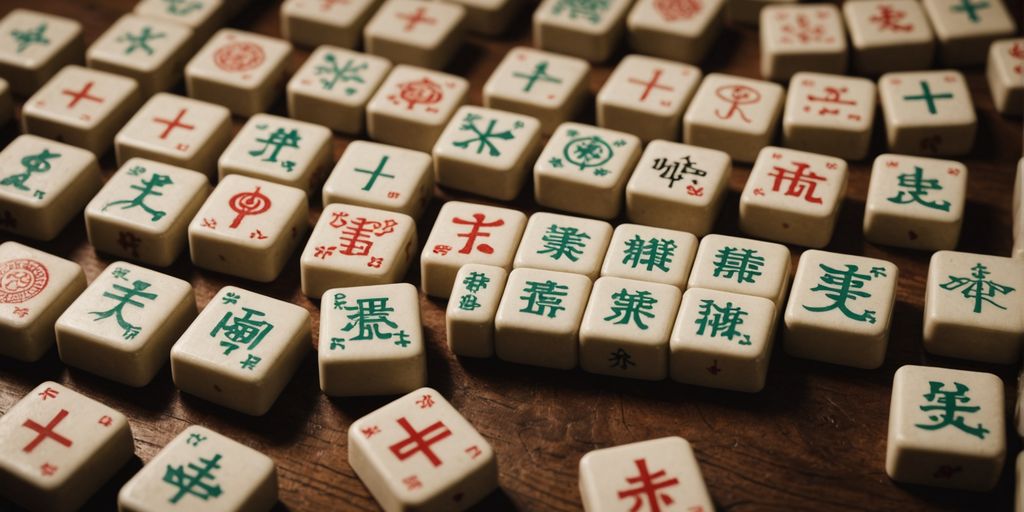 Vintage mahjong tiles with intricate symbols