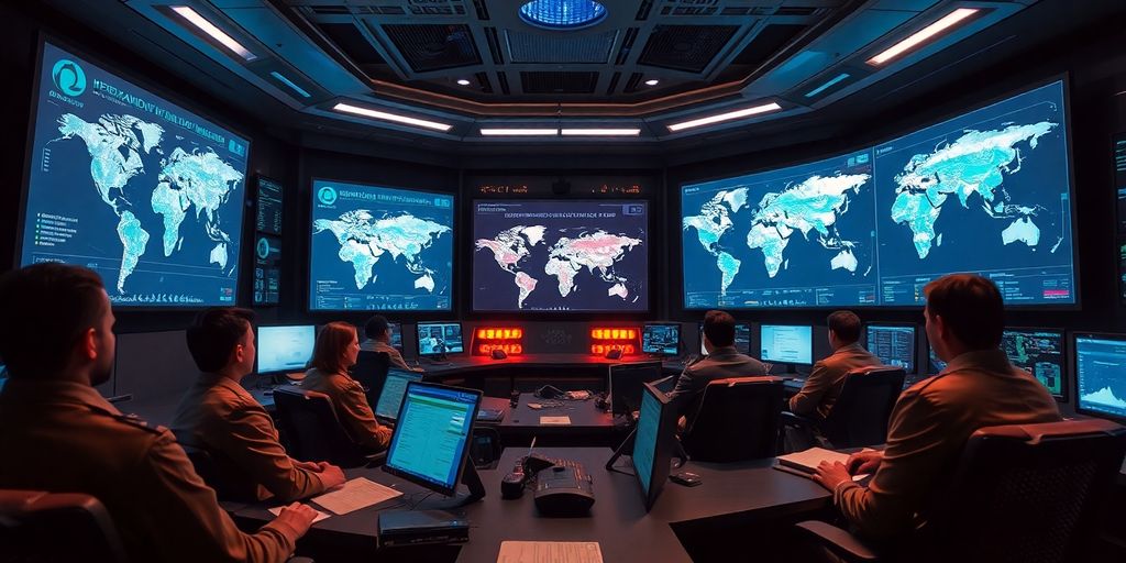 Futuristic control room with AI technology preventing conflict.