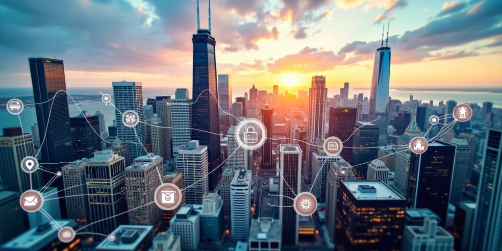 Chicago skyline with SMB and tech symbols