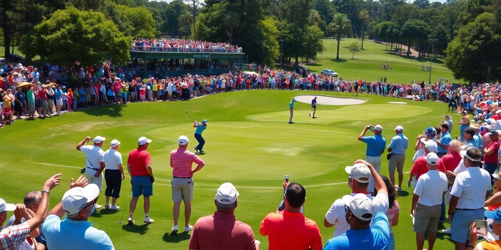 Golfers in action during the PGA Tournament with crowds.