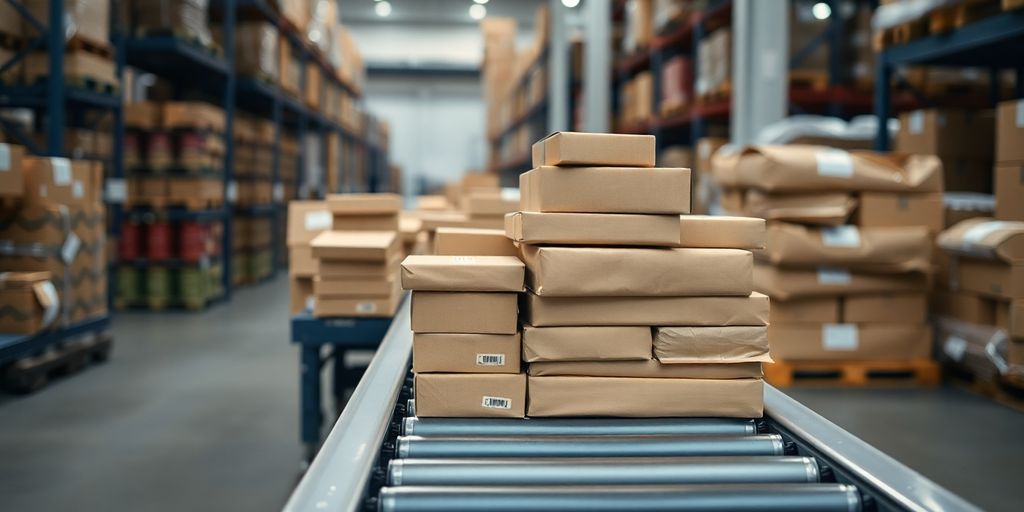 Manos organizando paquetes en centro de distribución logística.