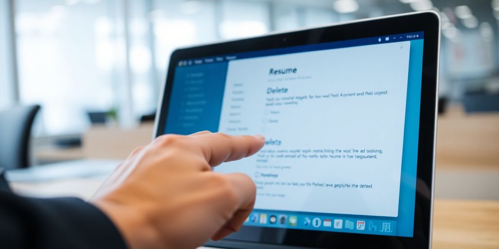 Hand deleting resume file on a laptop.