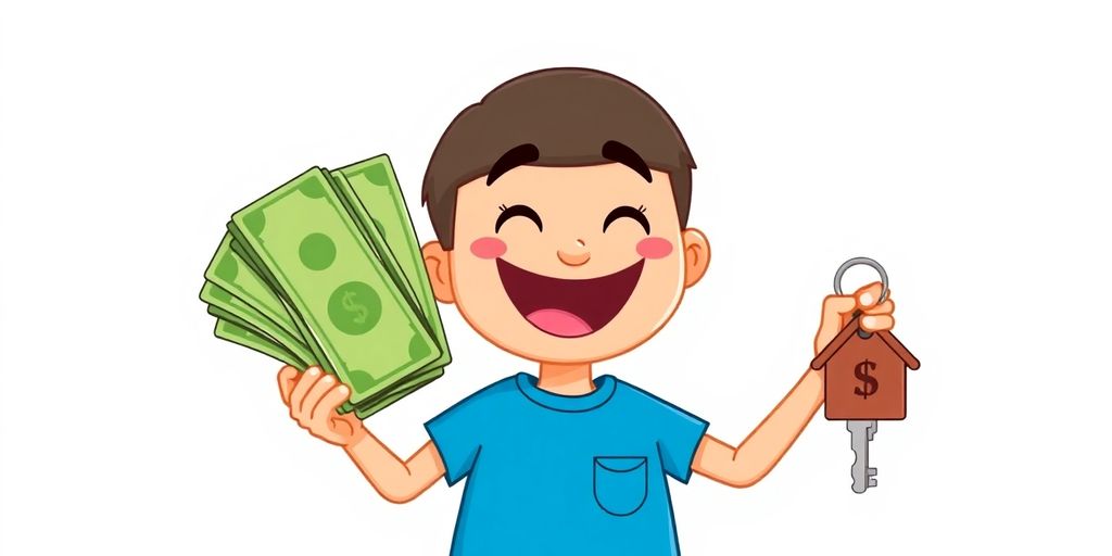 Cartoon person happily holding keys and money.