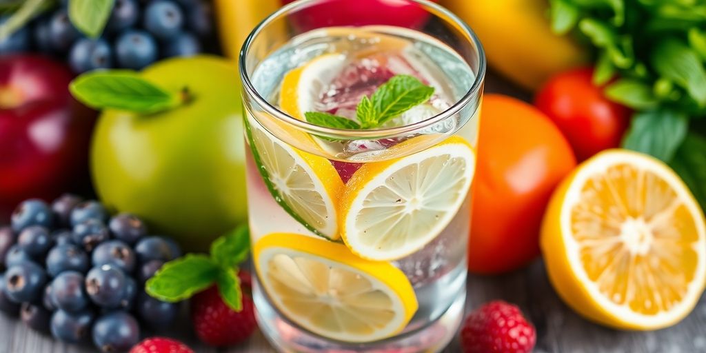 Refreshing drink for hydration with fruits and mint.