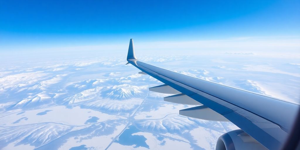 Airplane wing over snowy mountains, view from a window.