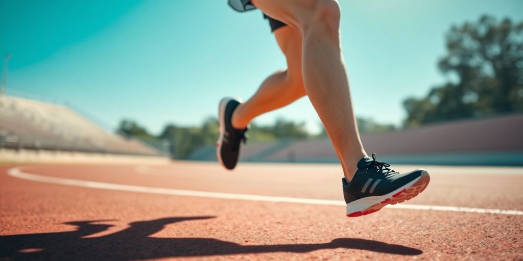 Runner on track, blurred motion, bright sunlight.