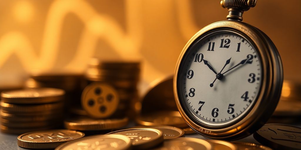 Clock with rising stock chart background.