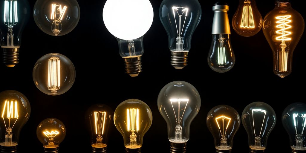 Various light bulbs with glowing filaments and LED elements.