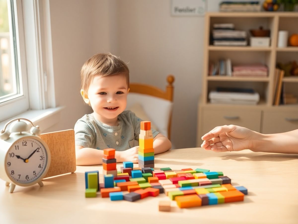 Copil zâmbitor la birou cu blocuri colorate și mână părinte.