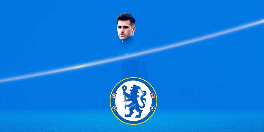 Chelsea blue background, two player silhouettes, club crest, football action.