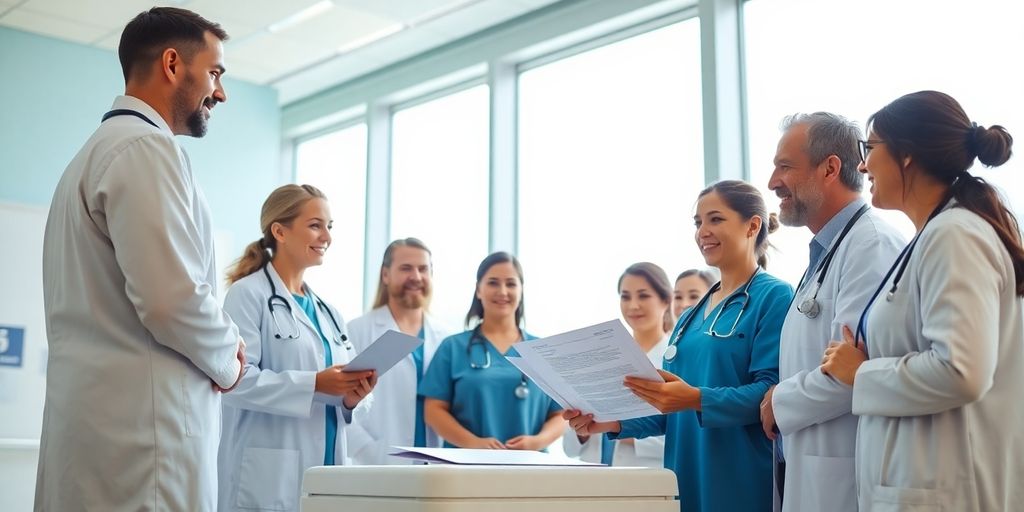 Healthcare professionals collaborating in modern hospital setting.