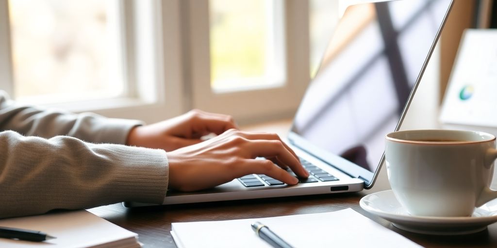 Person typing on a laptop in a cozy workspace.