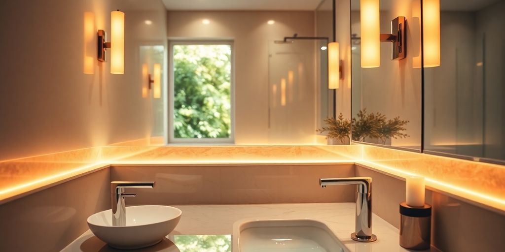 Well-lit modern bathroom with stylish fixtures and warm lighting.