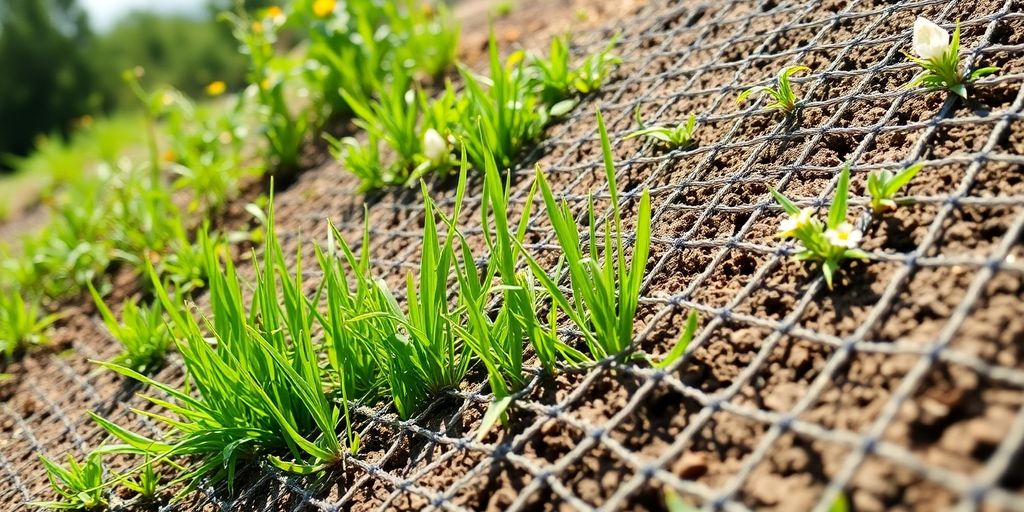 Green landscape, natural erosion control mesh.