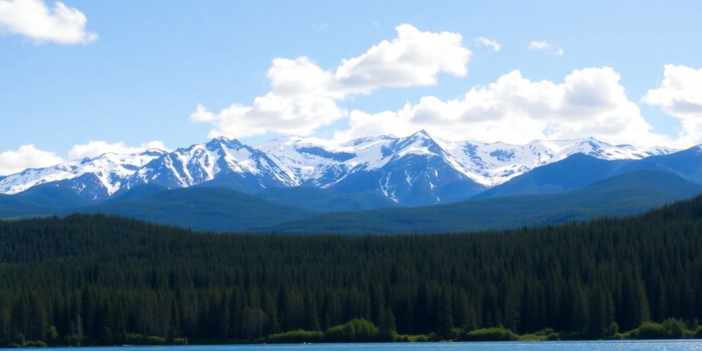 Mountains, trees, and water under blue sky.