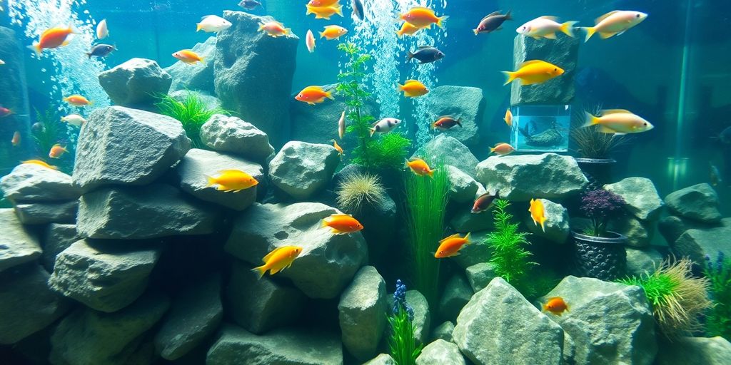 Peces coloridos nadando alrededor de suministros de acuario usados.