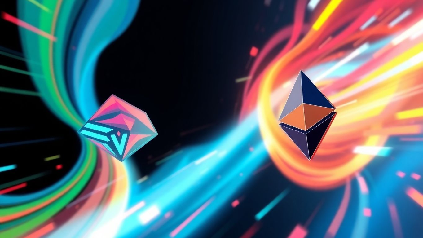 Solana and Ethereum blockchains in a vibrant 3D race.