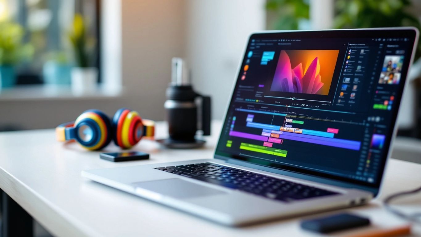 Beginner's workspace with laptop and editing tools.