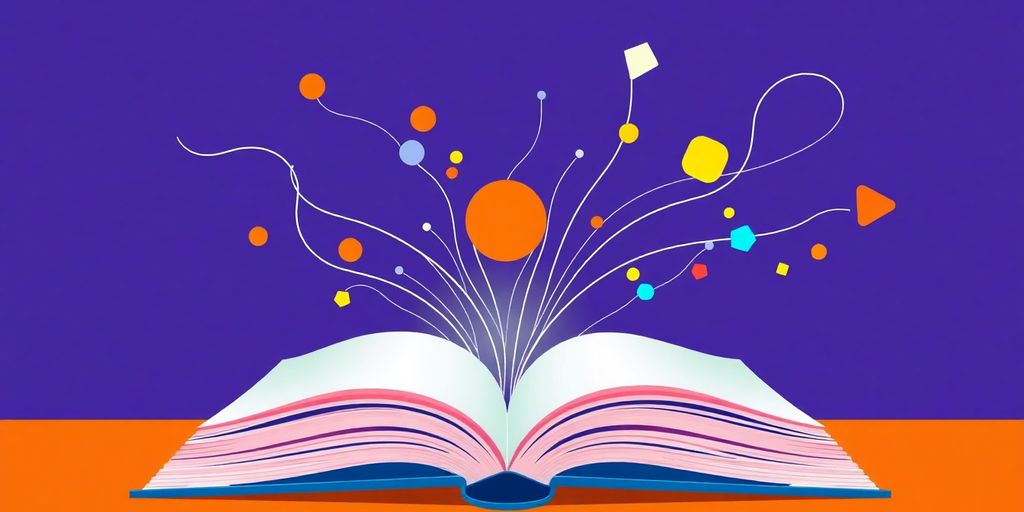 Open book, flowing lines, abstract geometric shapes.