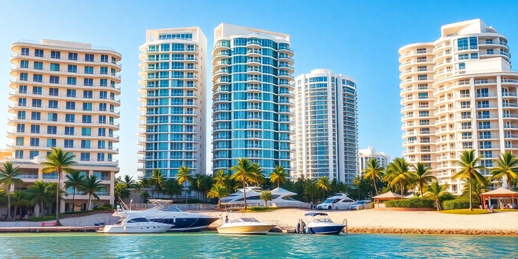 Sunny Isles Beach waterfront condos with palm trees and ocean.