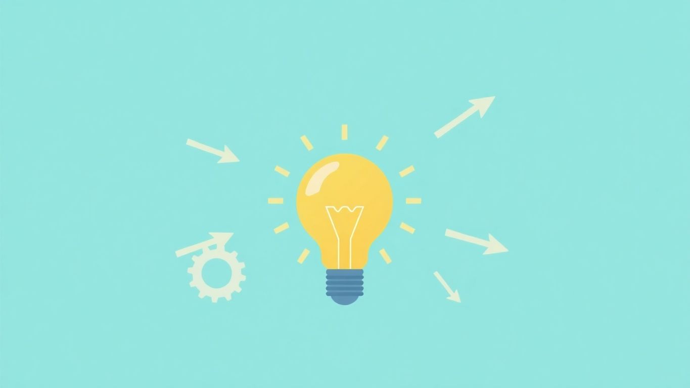 Illustrasjon av lyspære og tannhjul i pastellfarger.