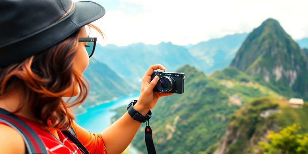 Travel blogger capturing landscapes with a camera outdoors.