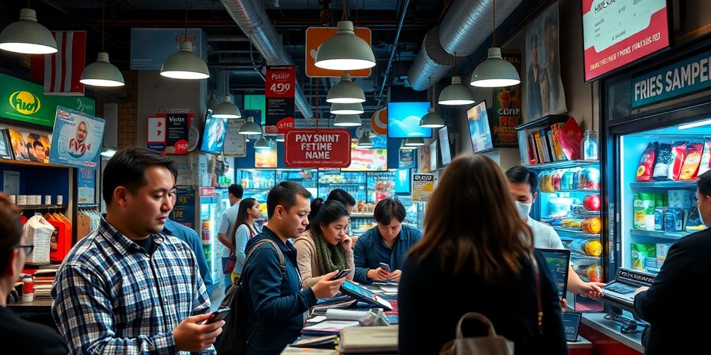 Busy merchant environment with diverse payment processing activities.