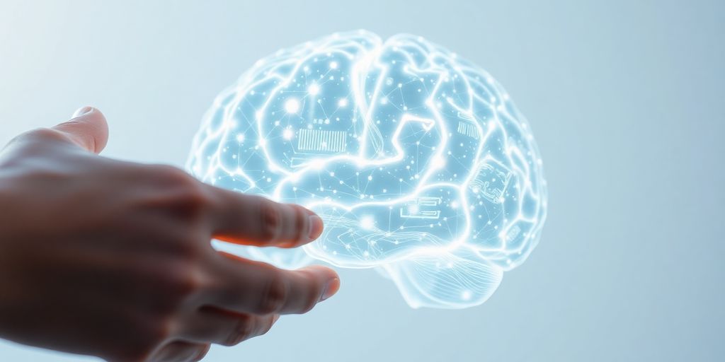 Digital brain with circuit patterns and a kind human hand.