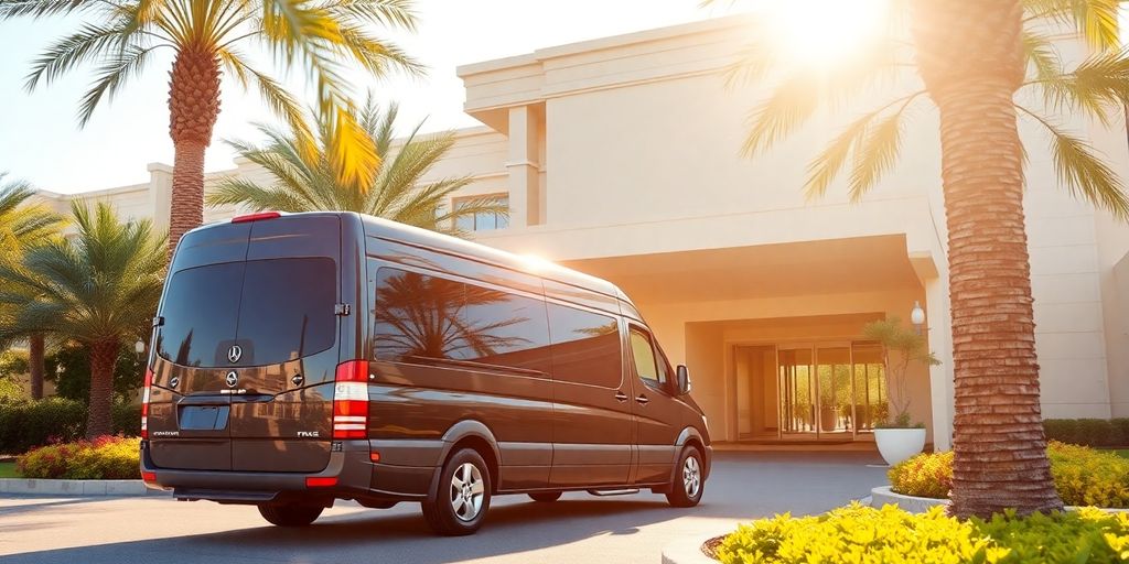 Airport transfer van arriving at a hotel.