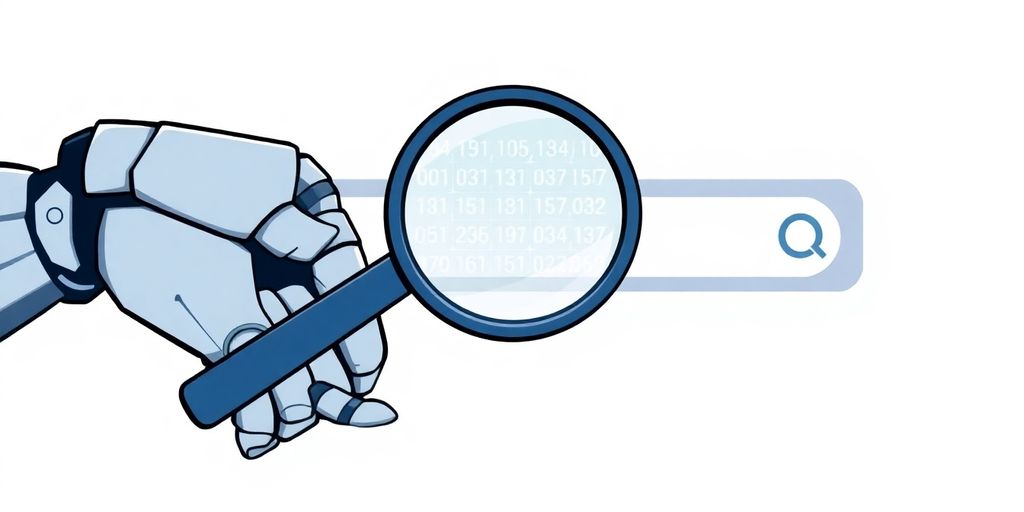 Robot hand, magnifying glass, search bar, glowing data.