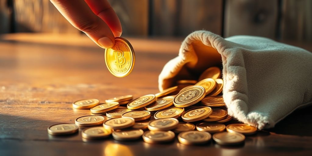 Gros plan de pièces d’or brillantes sur table en bois