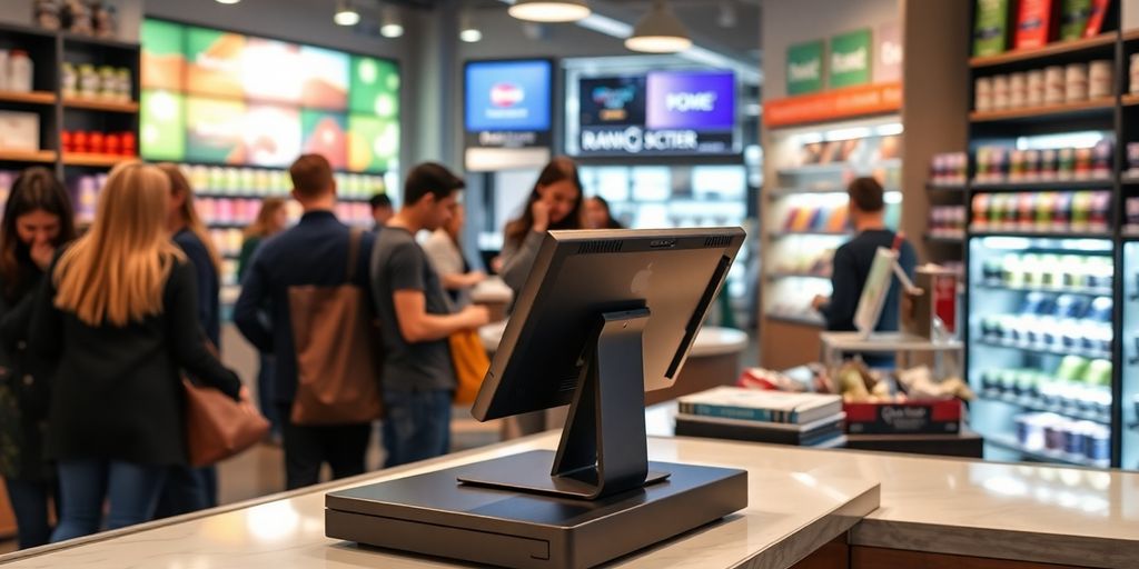 QuickBooks POS terminal in a vibrant retail environment.