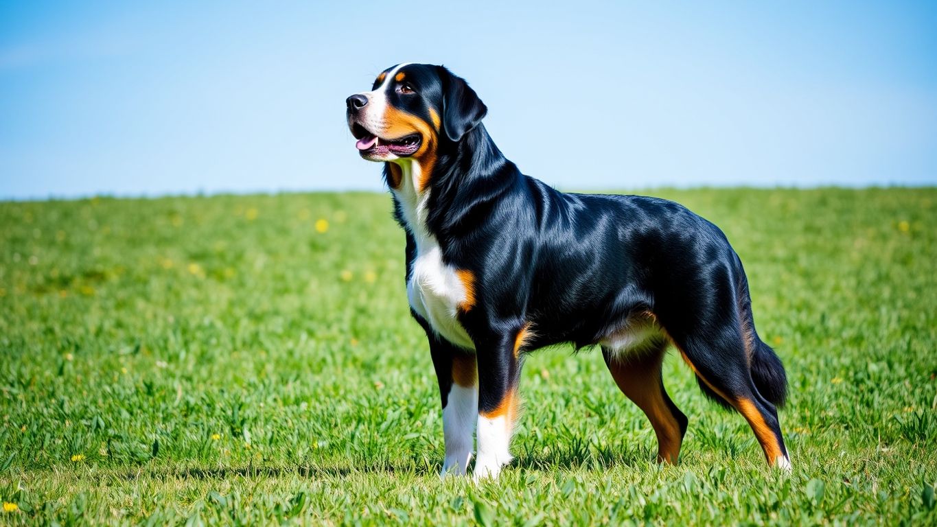 Greater Swiss Mountain Dog in a green field.