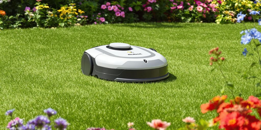 Robotgräsklippare klipper gräset i en trädgård.