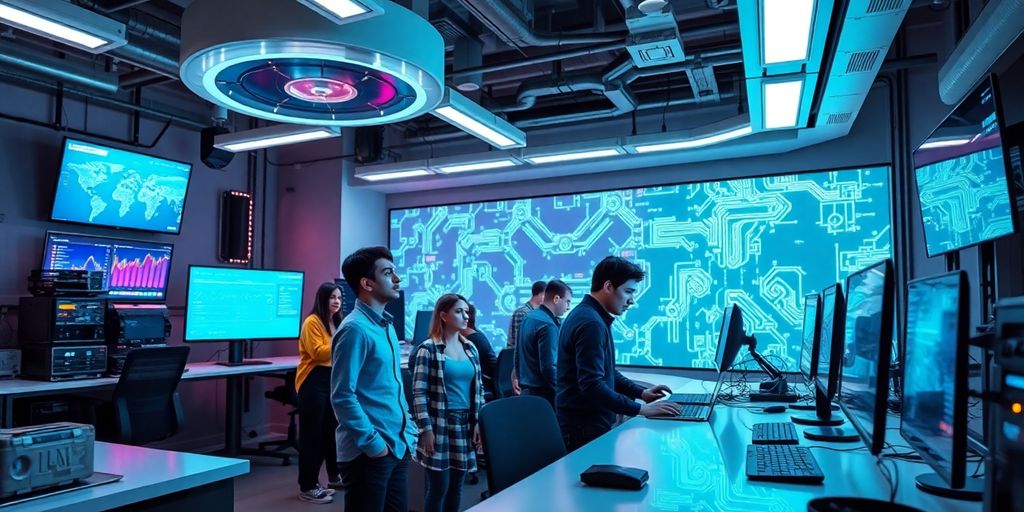 A diverse team collaborating on advanced AI technology.