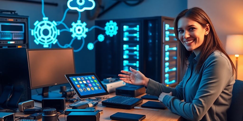 Businesswoman handing tablet to client amid tech gadgets and gears