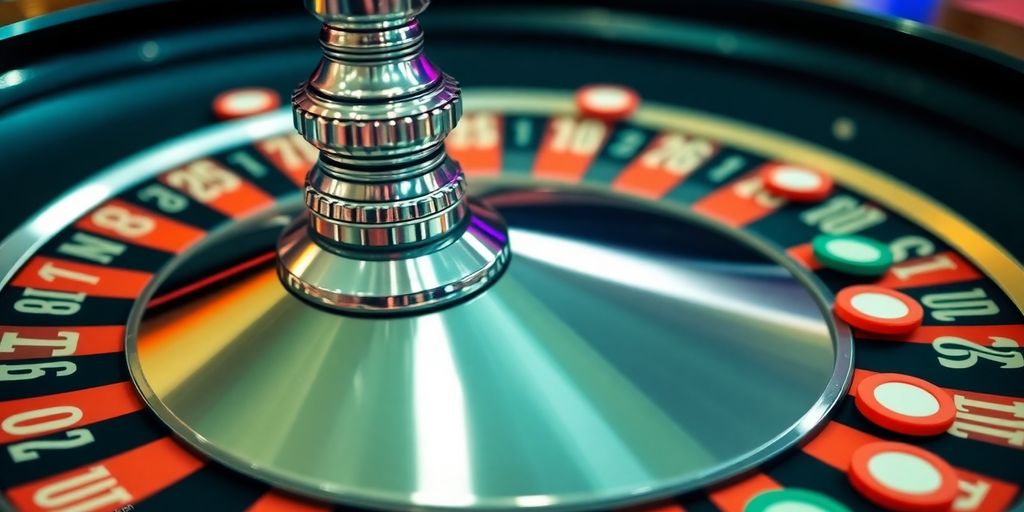Roulette wheel and chips on a felt table.