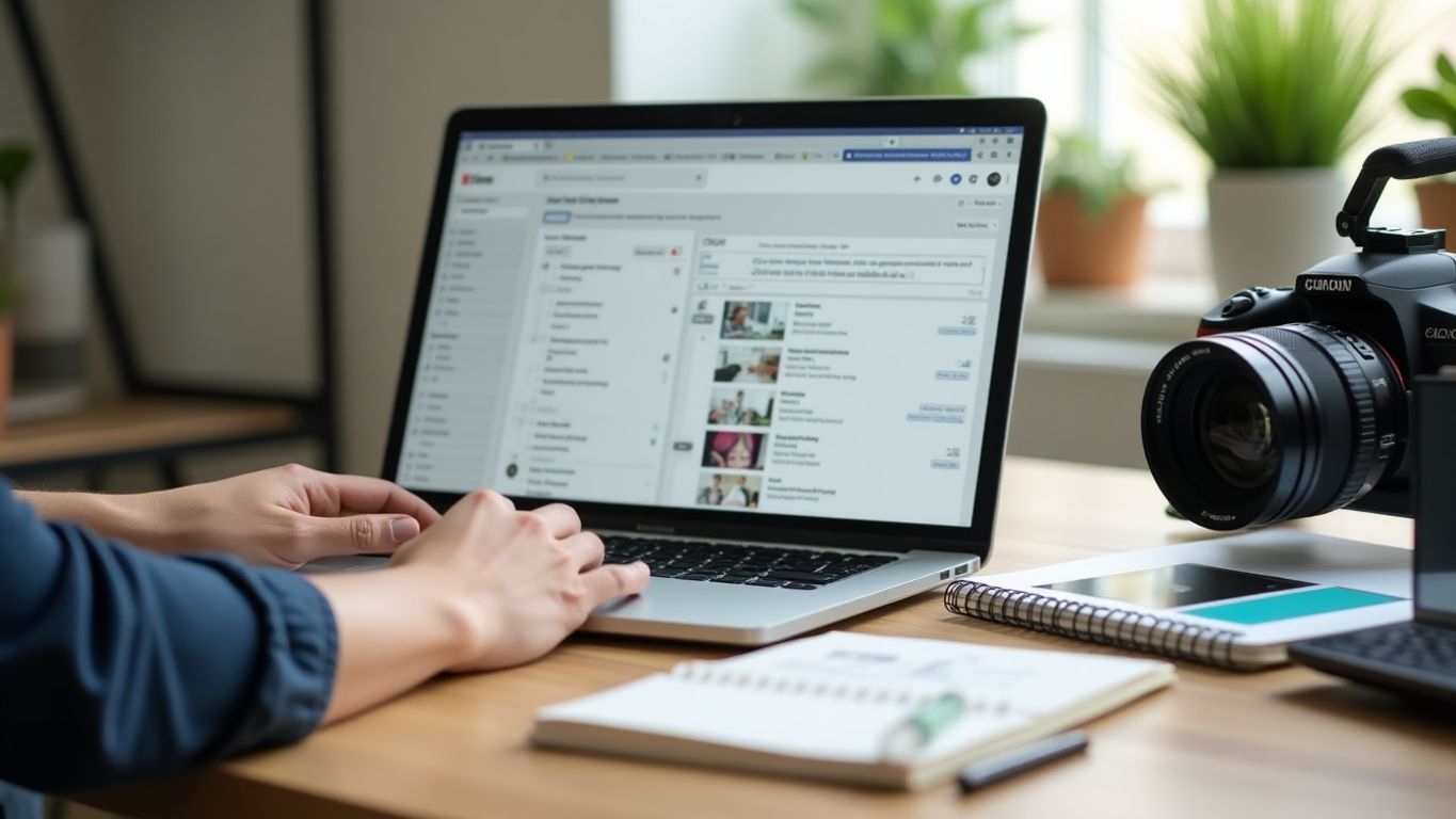 Person scheduling video posts in a bright office.