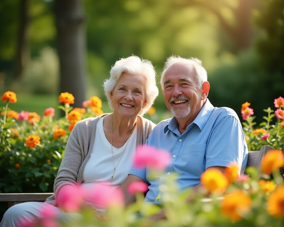 Casal de idosos sorrindo no jardim.